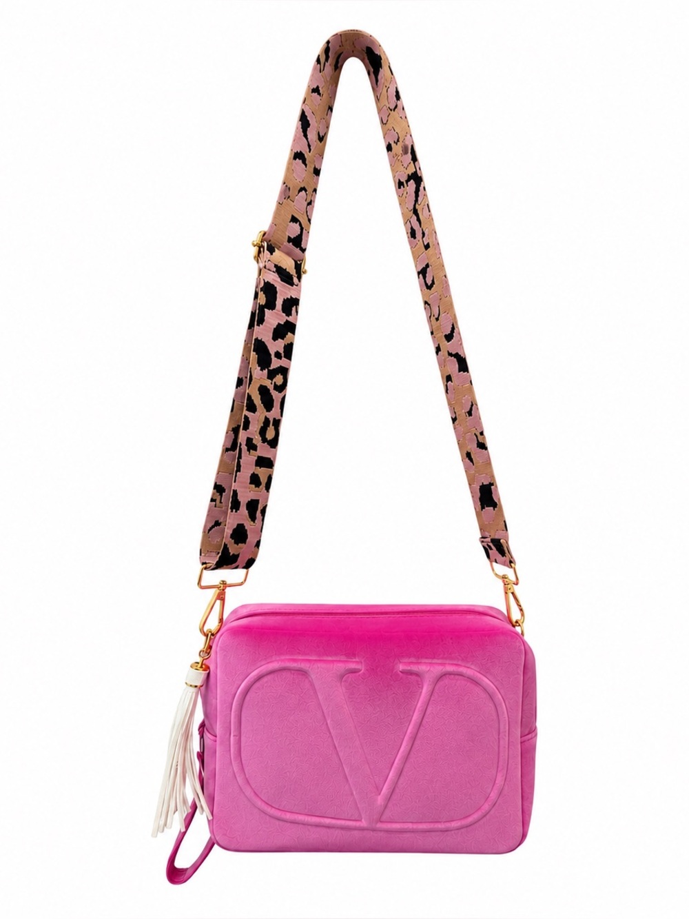 Valentino Pink Leopard Strap Velvet Beauty Bag Converted Crossbody Bag